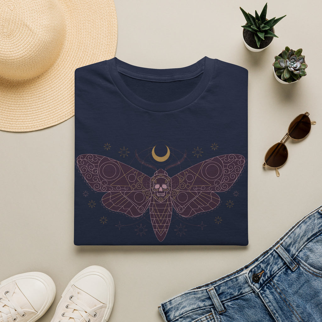 Navy moth graphic T-shirt with skull-style moth and crescent moon print