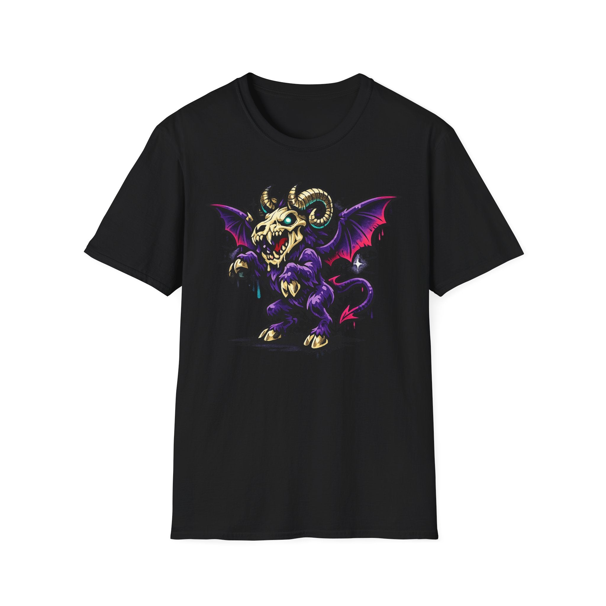 Black short-sleeve t-shirt with purple and gold bat-winged ram skull front graphic