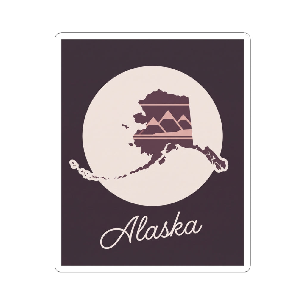 Alaska silhouette vinyl decal sticker, mauve map on cream moon, cursive Alaska script, square
