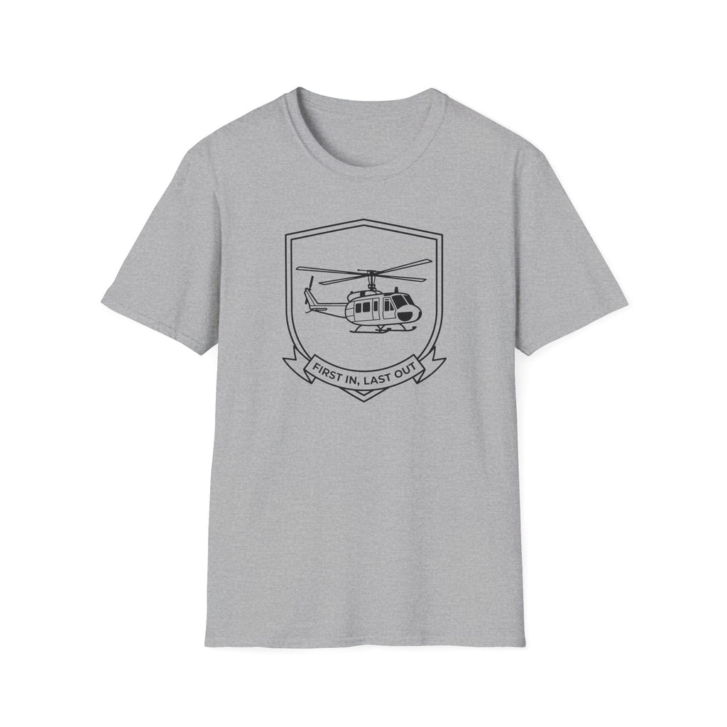 Sport grey T-shirt with dark helicopter badge graphic and ribbon “First In, Last Out”.