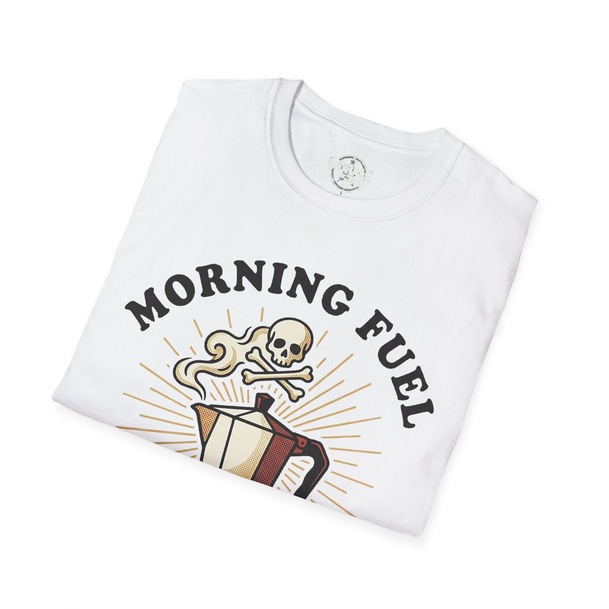 White unisex tee: “Morning Fuel” skull moka pot graphic on front