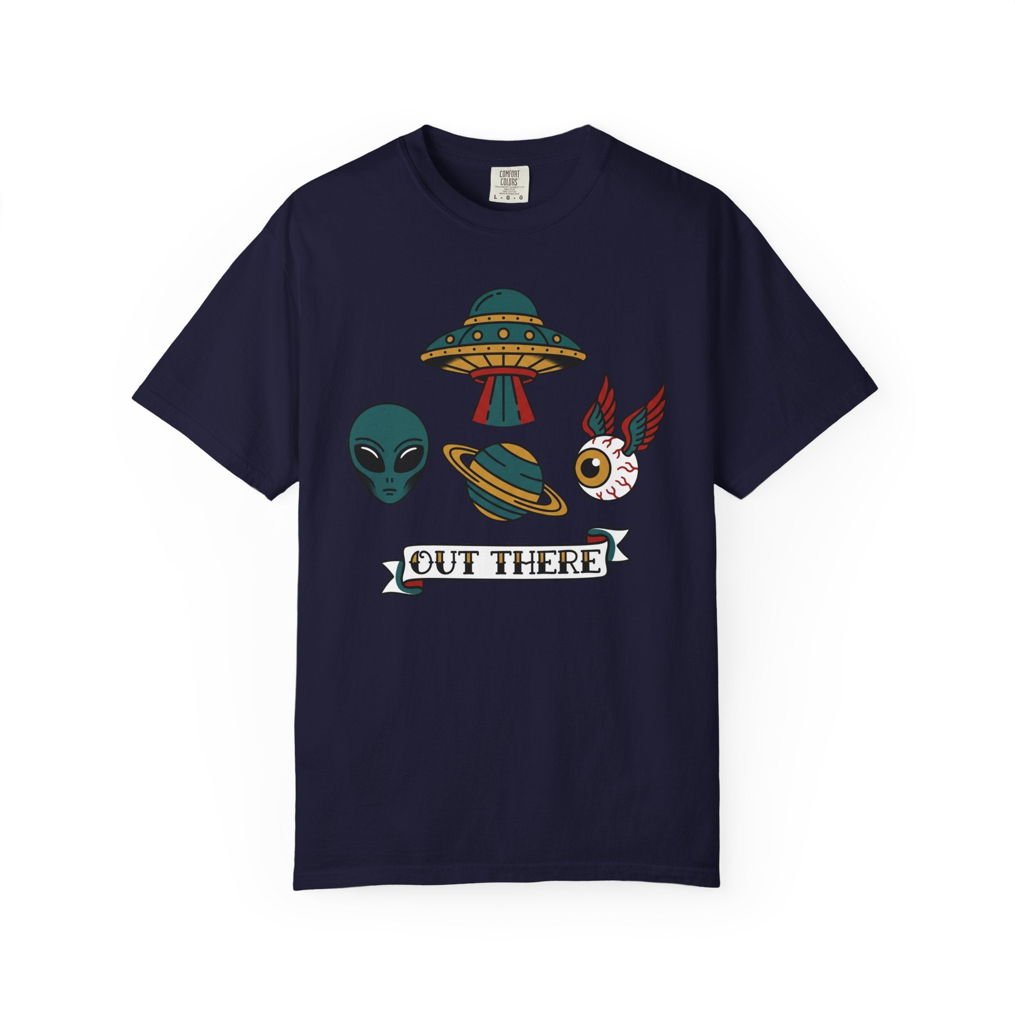 Navy T-shirt with alien, UFO, and “OUT THERE” banner graphic at center