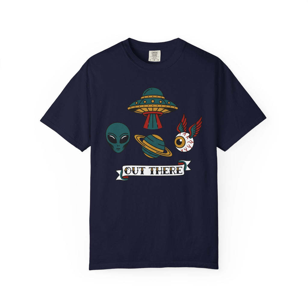 Navy graphic T-shirt with alien, UFO, and "OUT THERE" patch-style print