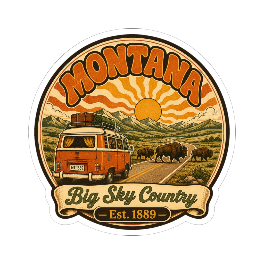 Round vintage Montana sticker with orange camper, buffalo, desert hills and retro sunset