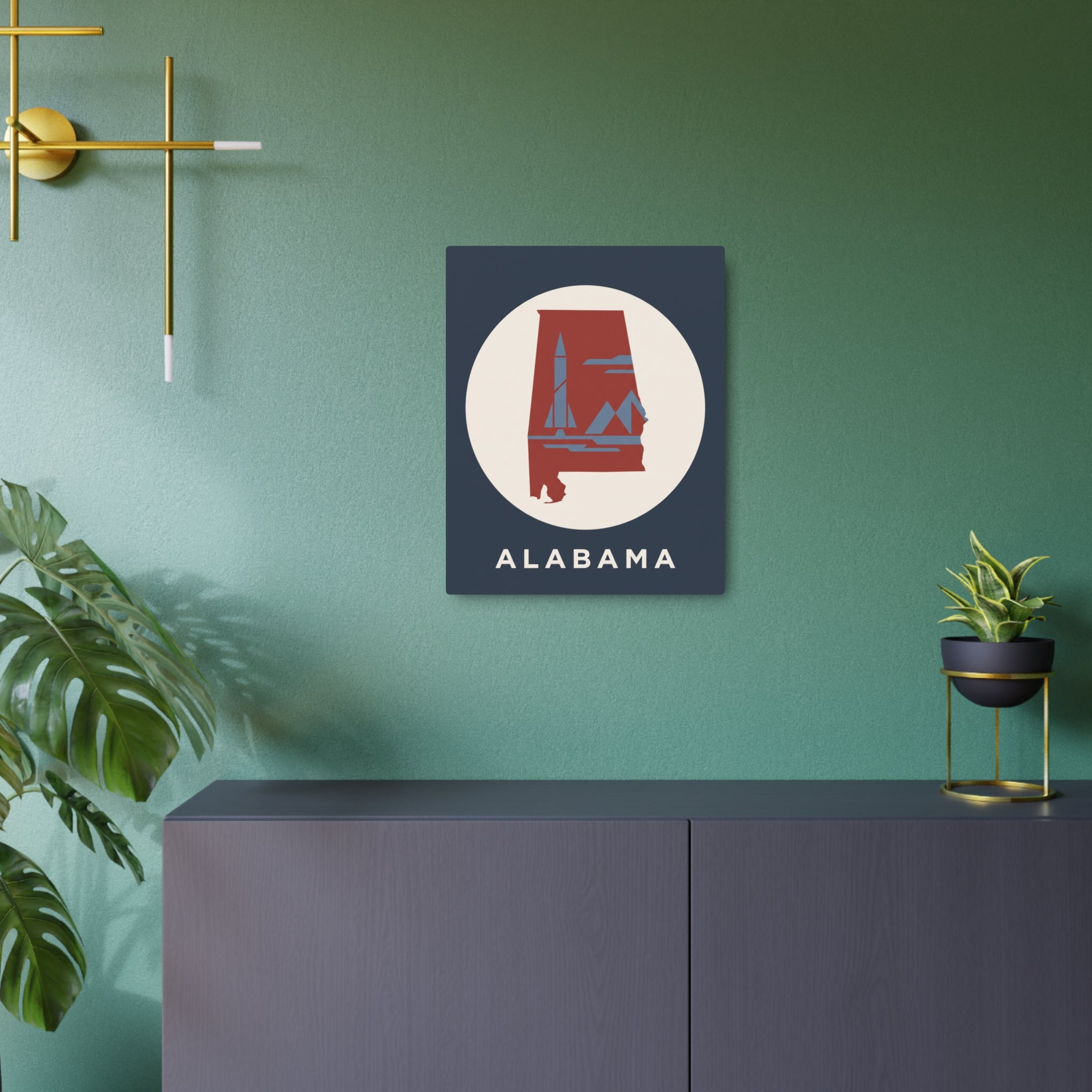 Square metal wall sign featuring Alabama rocket emblem inside circle, ALABAMA text
