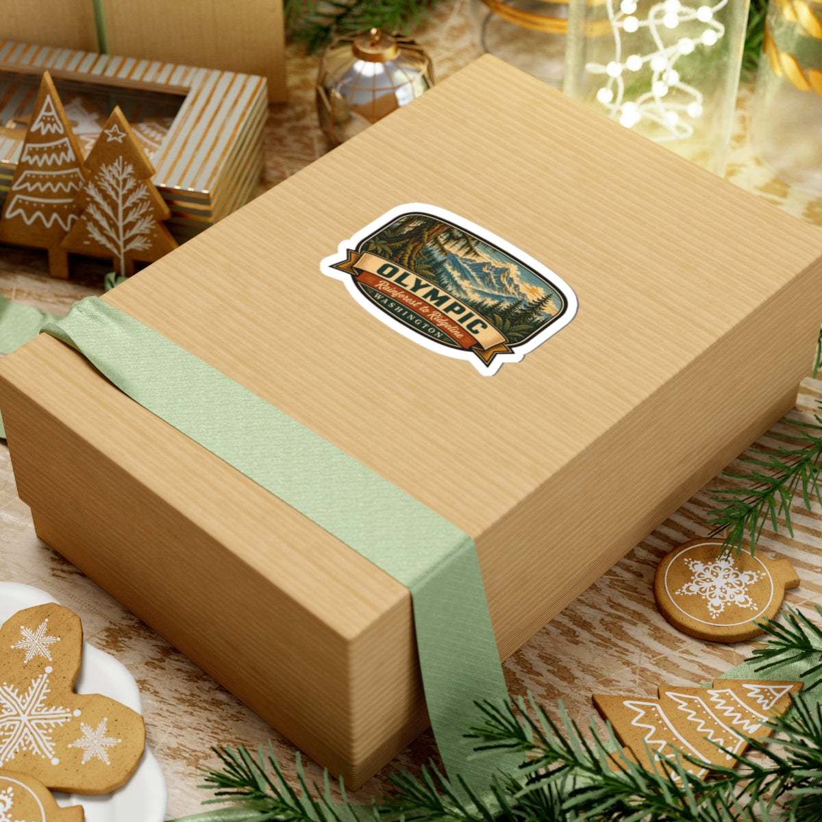 Olympic Washington sticker on wrapped gift box, featuring mountain forest graphic and ribbon text
