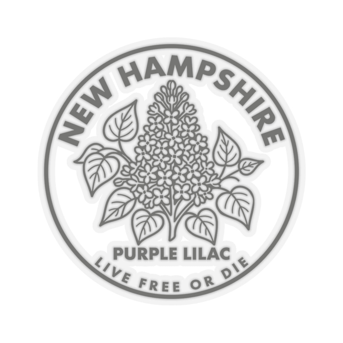 Round New Hampshire lilac sticker with floral leaves and “LIVE FREE OR DIE” text