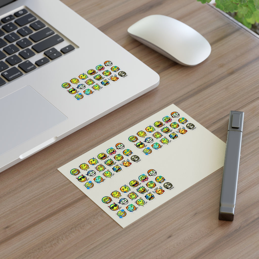 Emoji-Gesichter Stickerbogen, bunte Smileys in Streifen, die-cut