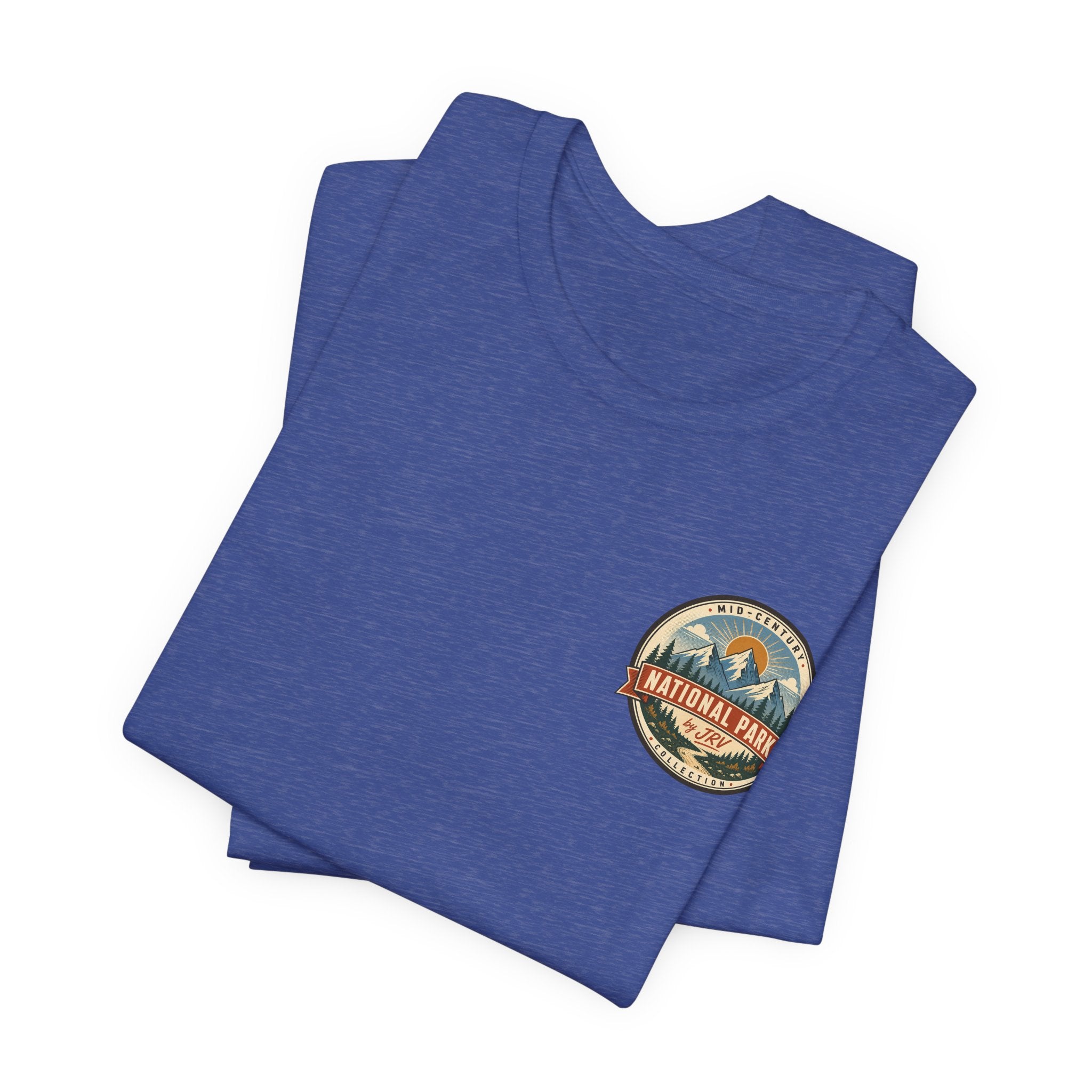Blue crewneck T-shirt with circular National Park logo patch graphic on the chest