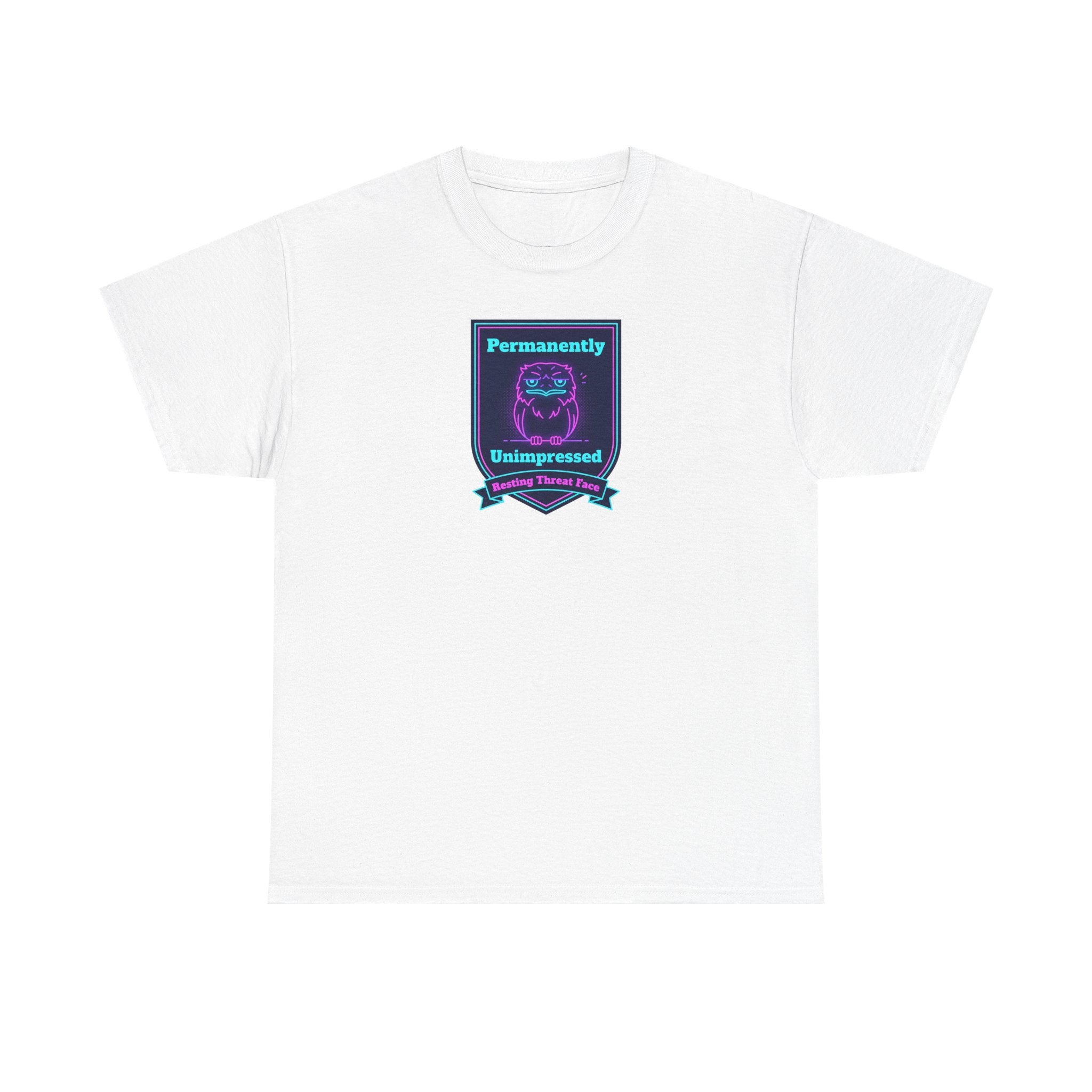 Permanently Unimpressed Badge Tee | Retro Neon Robot Design