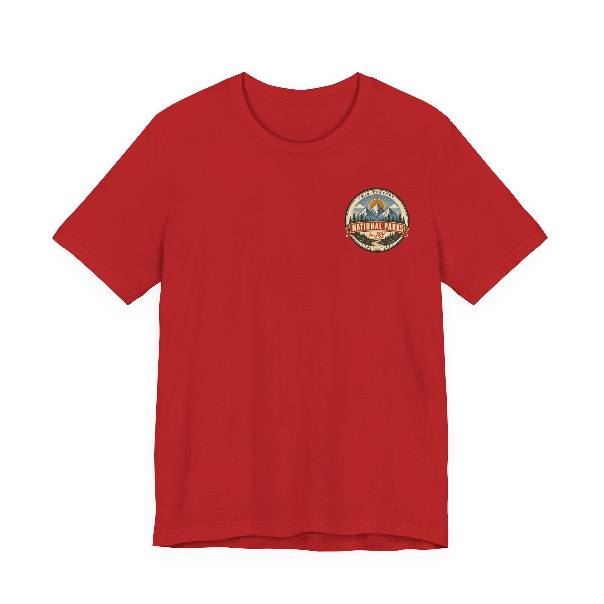 Red crew-neck t-shirt with small circular mountain park logo on the chest