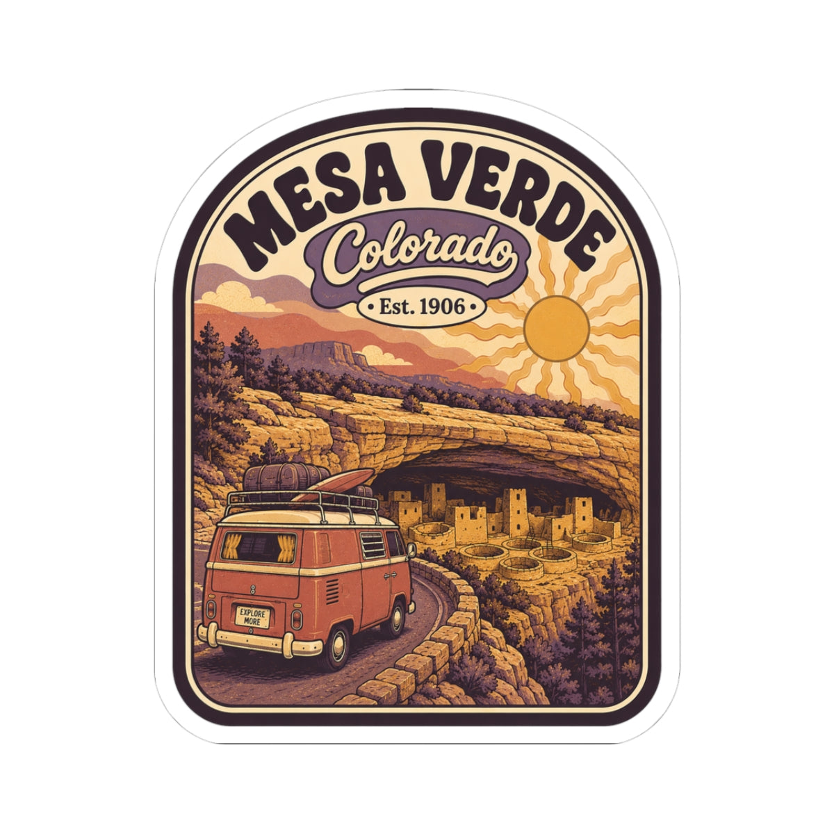 Round die-cut sticker with desert canyon scene, red camper van, Mesa Verde badge