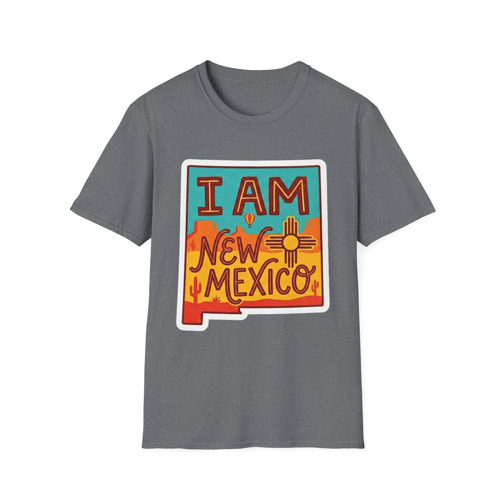 Dark heather grey T-shirt with “I AM New Mexico” state pride graphic on the chest