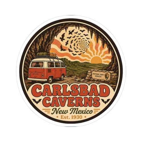 Round Carlsbad Caverns sticker with orange camper van inside a cave scene and bold title text