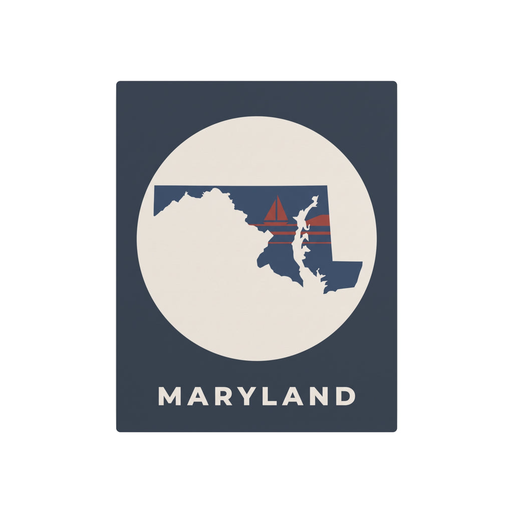 Slate-blue Maryland metal sign with circular state map and flag motif, 'MARYLAND' text