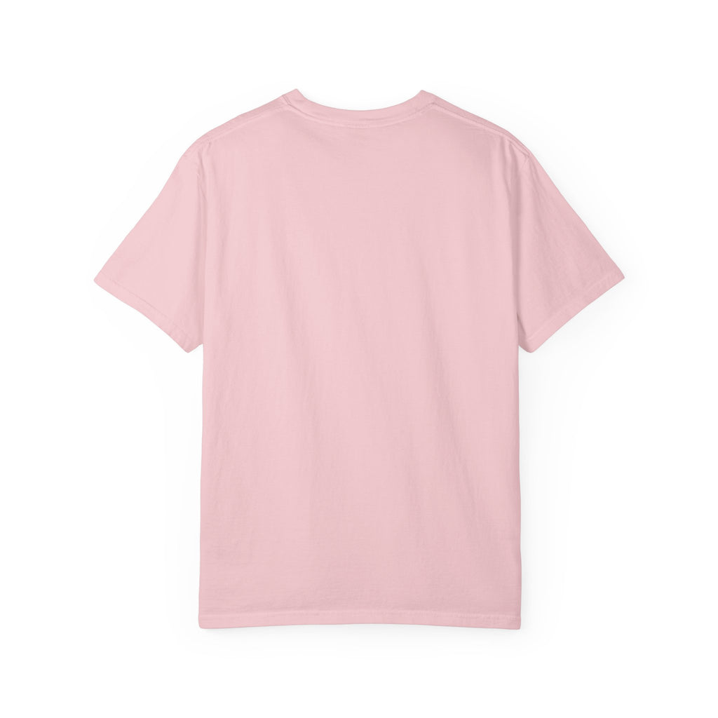 Light pink T-shirt, plain back view with crew neck and short sleeves