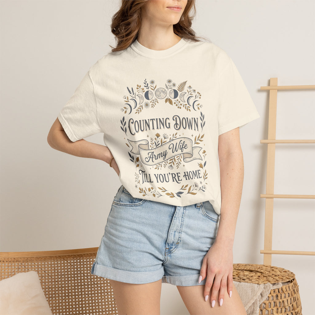 White crewneck t-shirt with floral countdown graphic on the front