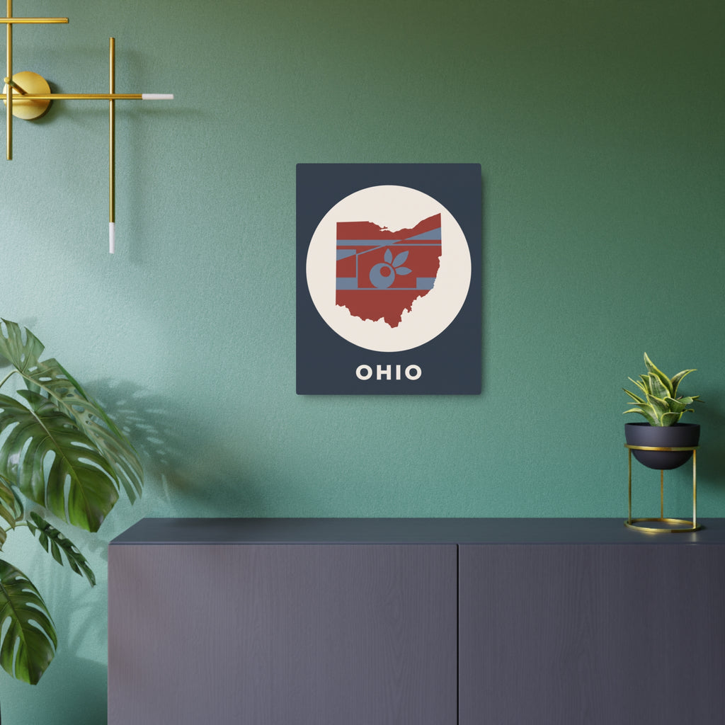 Square Ohio metal wall sign with circular Ohio map graphic and “OHIO” lettering on dark blue.