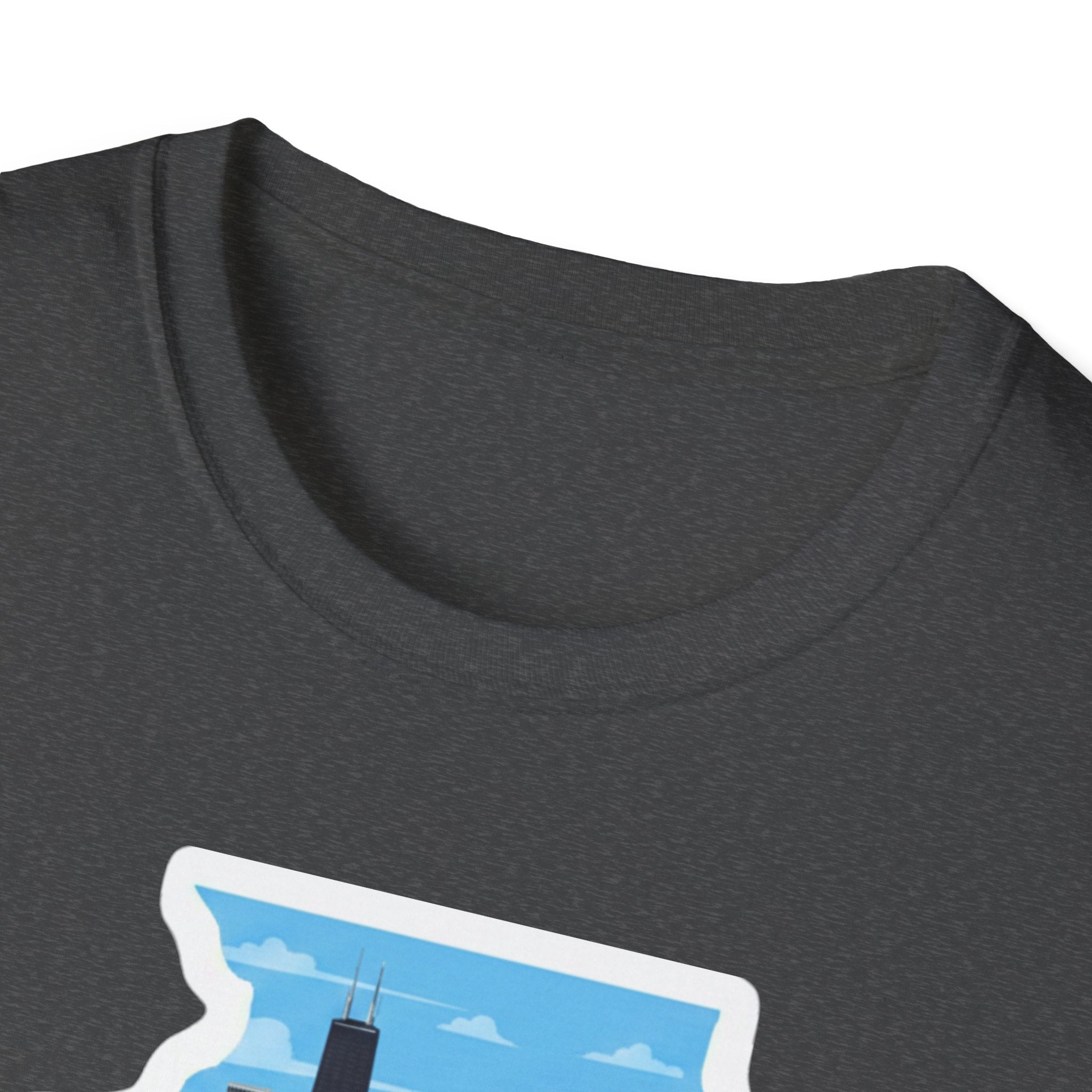 Dark heather T-shirt neckline close-up, no visible graphic
