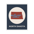 North Dakota map sticker with retro red map shape and NORTH DAKOTA lettering on navy