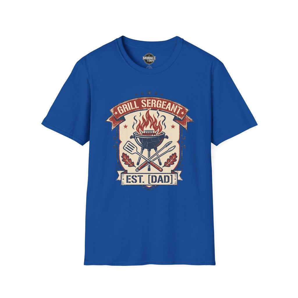Royal blue “Grill Sergeant EST. [Dad]” BBQ badge graphic T-shirt