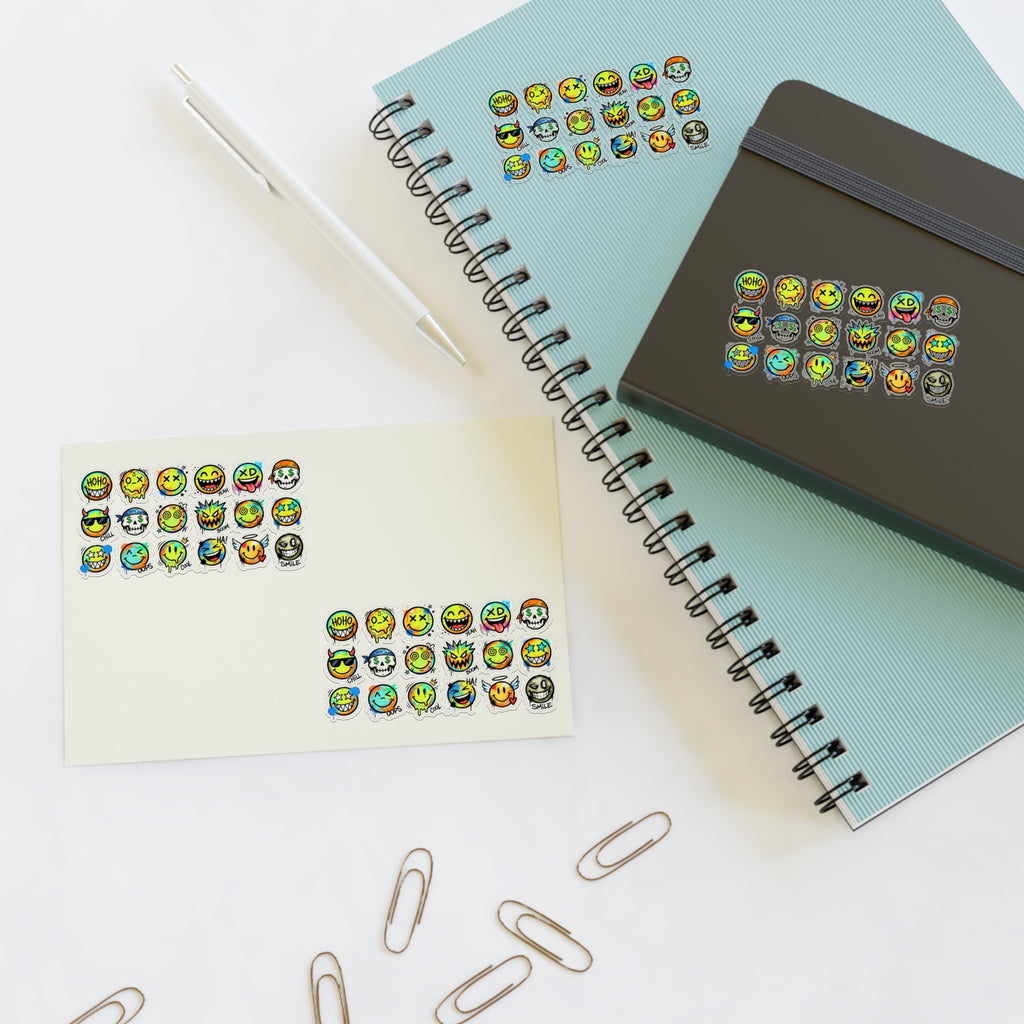 Emoji-Gesichter Stickerbogen, bunte Köpfe, viele kleine Designs, die-cut
