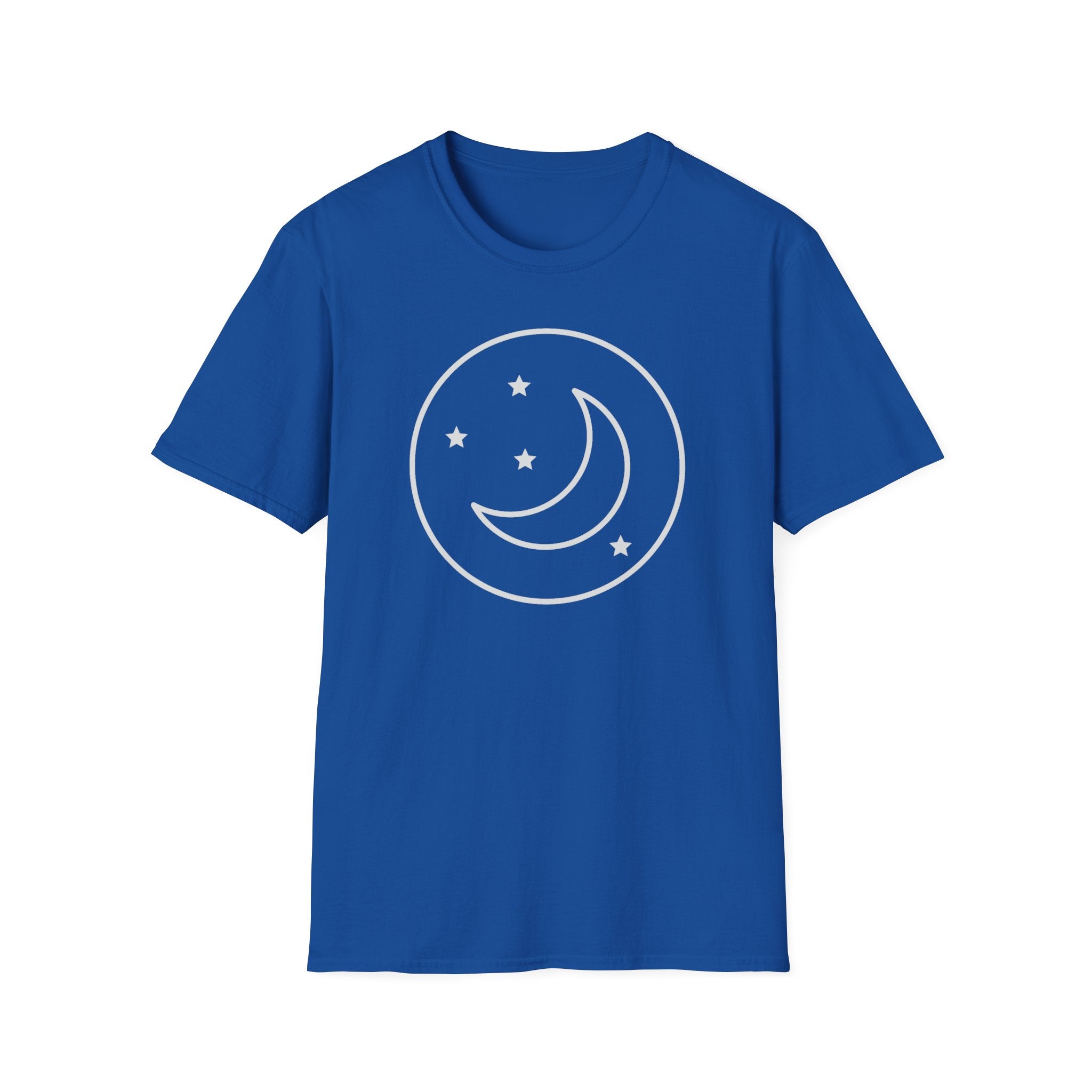 Royal blue unisex T-shirt with white crescent moon and star emblem in a circle