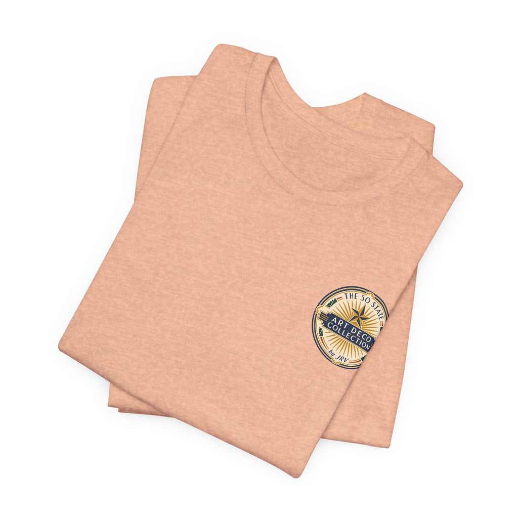Peach folded T-shirts with small circular logo on left chest, crew neck, short sleeves