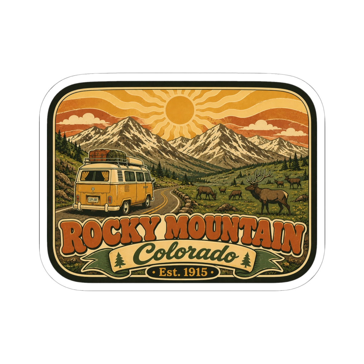 Rounded kiss-cut style sticker featuring a yellow camper, Rocky Mountain Colorado lettering.