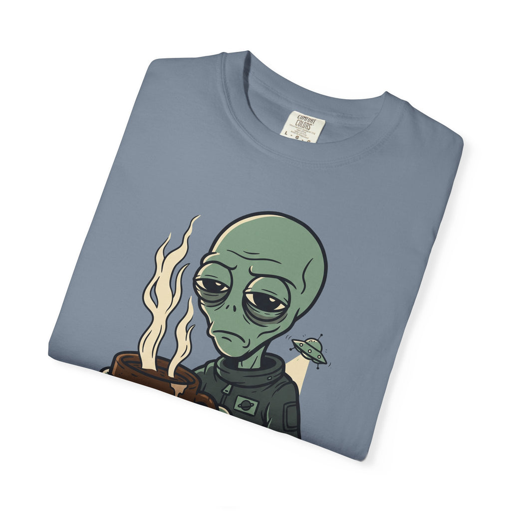Blue graphic alien coffee t-shirt with burning coffee cup print
