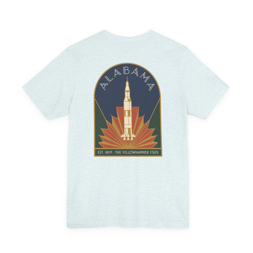 Light blue T-shirt with Alabama rocket emblem graphic centered on back