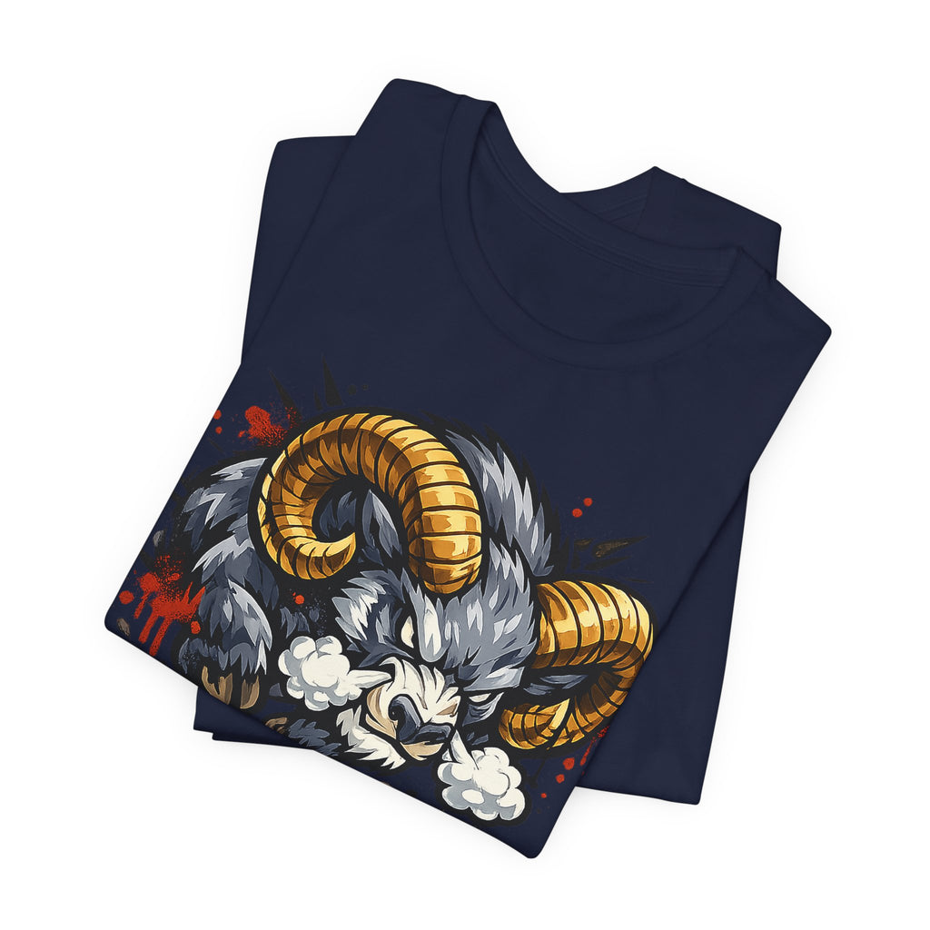 Charging Ram Illustration T-Shirt | Angry Horned Animal Graphic Tee, Wild Bighorn Art Unisex Gift