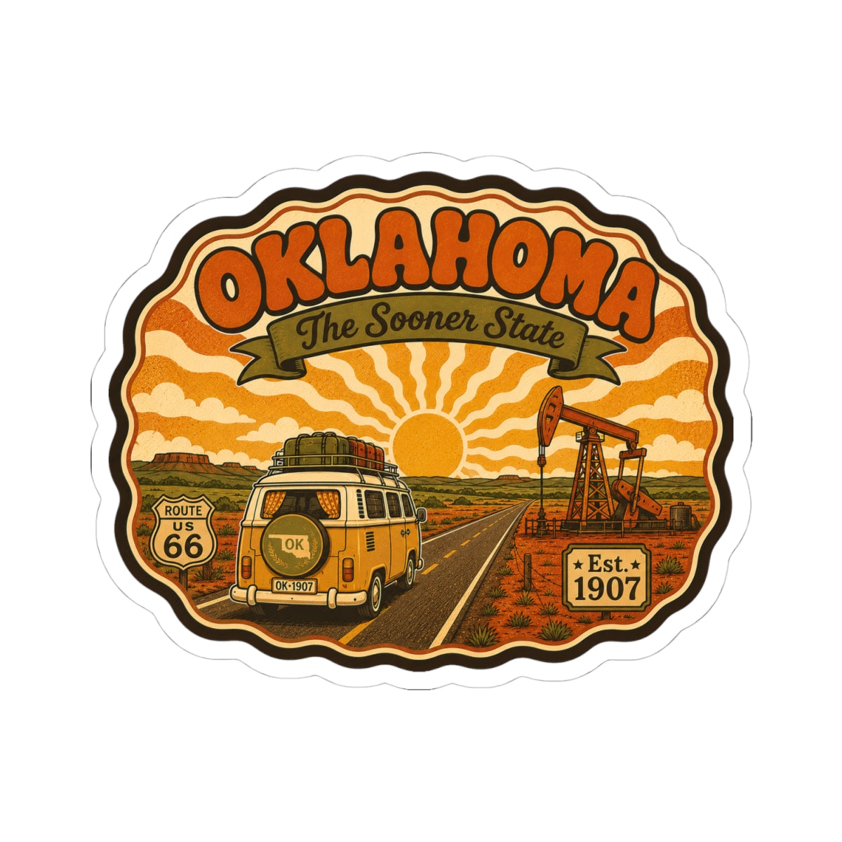 OKLAHOMA Route 66 van kiss-cut decal with cowboy hat banner and “Est. 1907” patch.