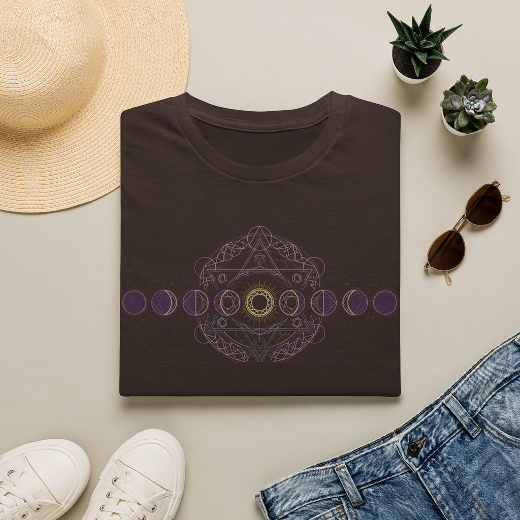 Dark brown crew-neck T-shirt with moon phase circle graphic and central geometric moon