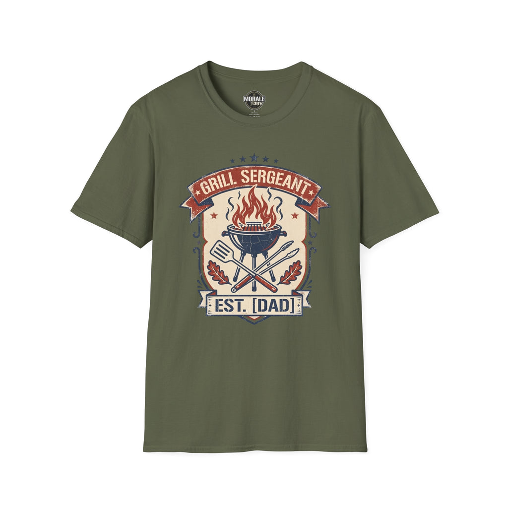 Military green “Grill Sergeant EST. [Dad]” BBQ badge T-shirt with flame grill art