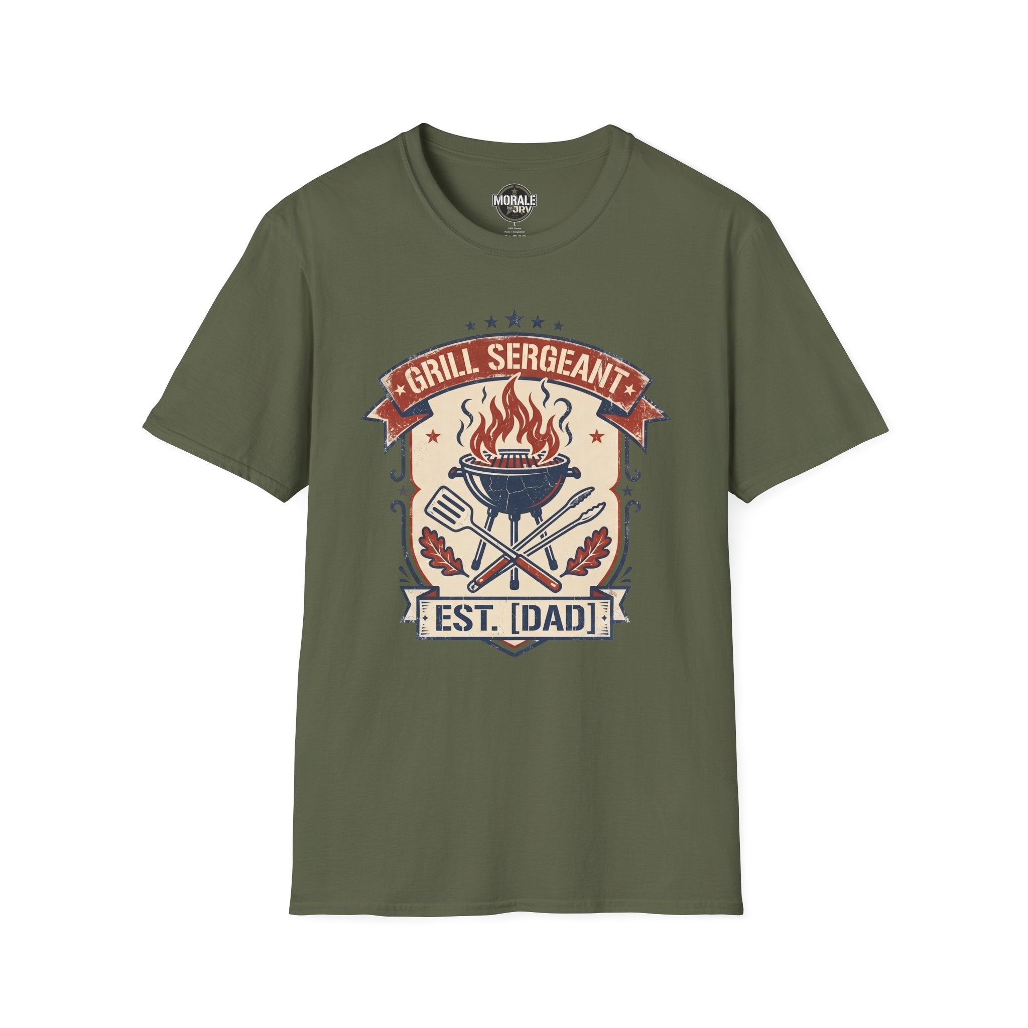 Military green Grill Sergeant BBQ T-shirt with flaming grill and EST. [DAD] badge graphic
