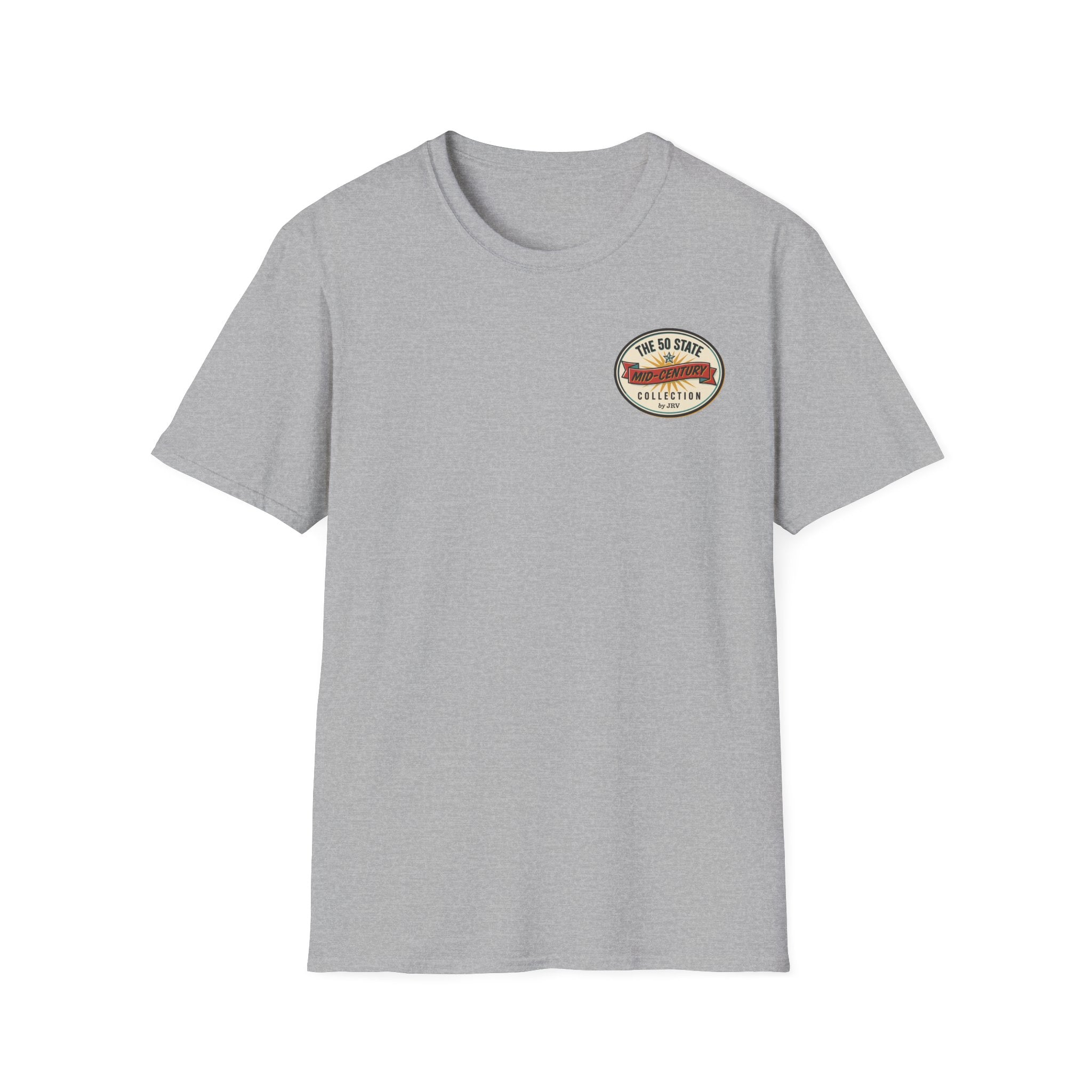 Light gray crew-neck t-shirt with small round badge graphic on left chest