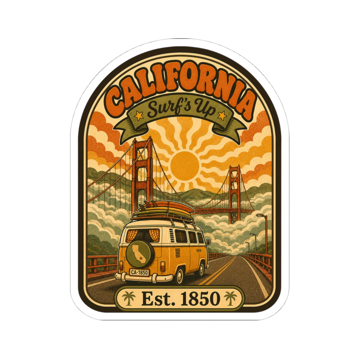 Retro California surf van decal showing a yellow van, bridge silhouette, and “Est. 1850”.