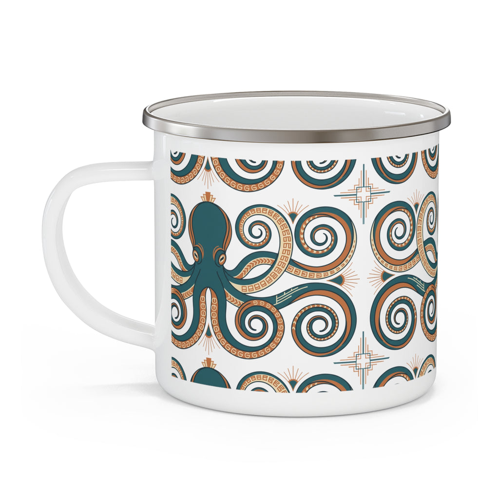 Boho Octopus Enamel Camping Mug | Tribal Swirl Coffee Mug | Nautical Ocean Lover Gift | Aesthetic Boho Mug | Beach Camping Cup Gift