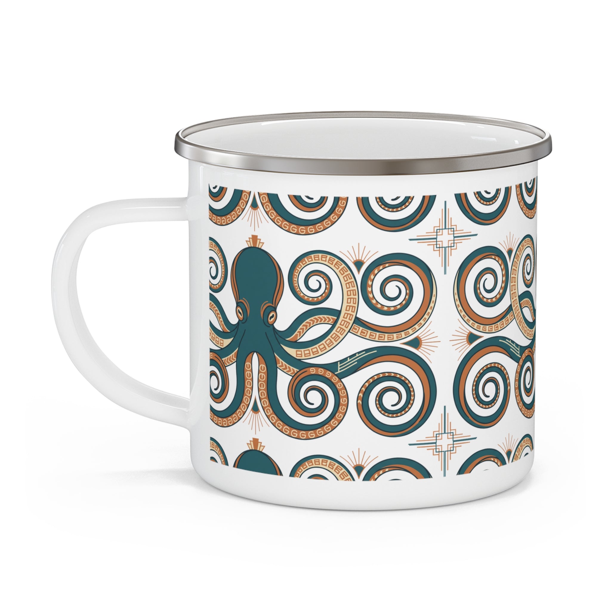 Boho Octopus Enamel Camping Mug | Tribal Swirl Coffee Mug | Nautical Ocean Lover Gift | Aesthetic Boho Mug | Beach Camping Cup Gift