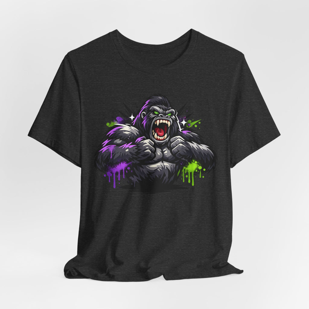 Dark Grey Heather unisex crewneck T-shirt with roaring gorilla graphic