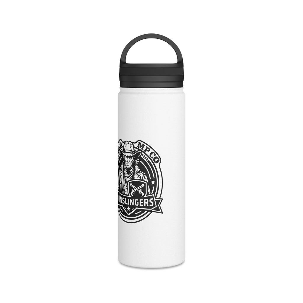 White stainless steel water bottle with black lid and Gunslingers logo graphic
