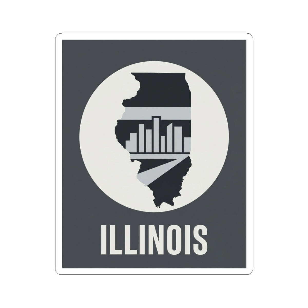 Illinois skyline state silhouette sticker with “ILLINOIS” text on dark square