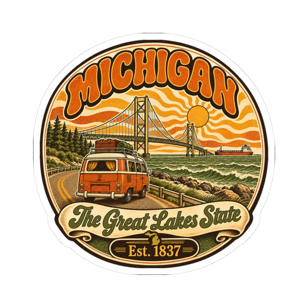 Michigan sticker with vintage orange camper, bridge, waves, and “The Great Lakes State” Est. 1837