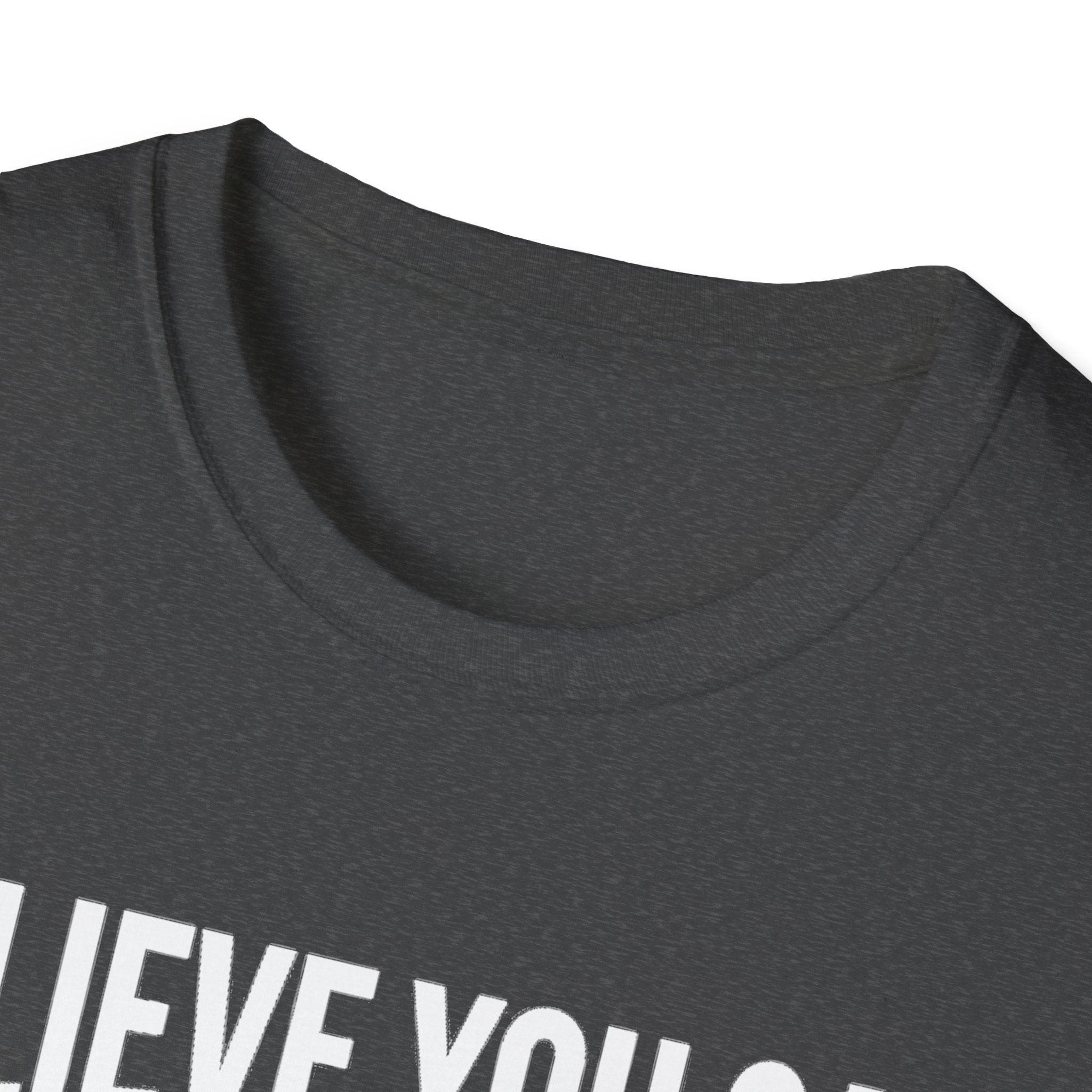 Crew neck collar detail on dark heather T-shirt with ribbed trim.