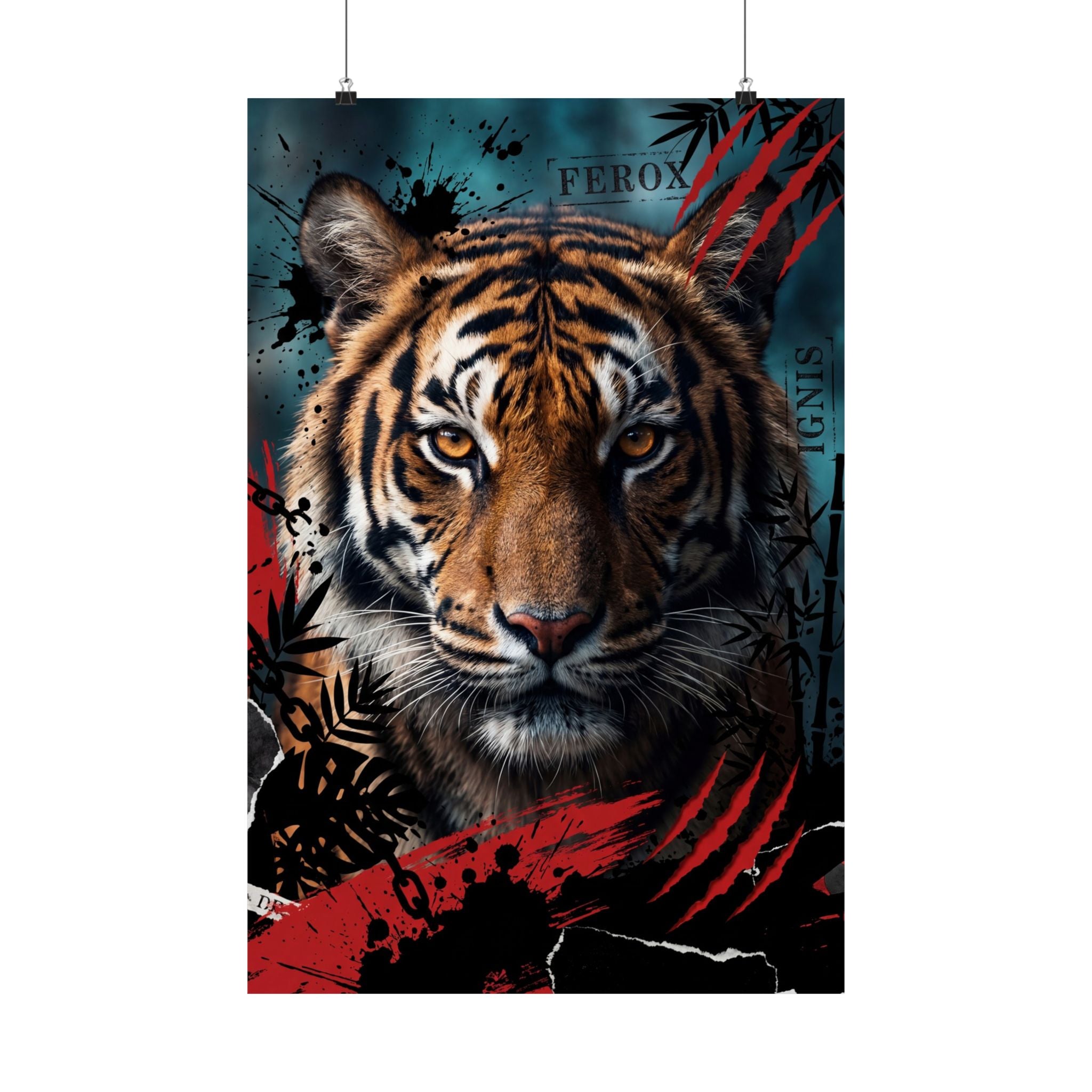 Tiger wall art print with intense face, red splatter accents and black teal background