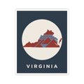 Virginia state map decal in dark blue square with cream circle and red geometric map artwork