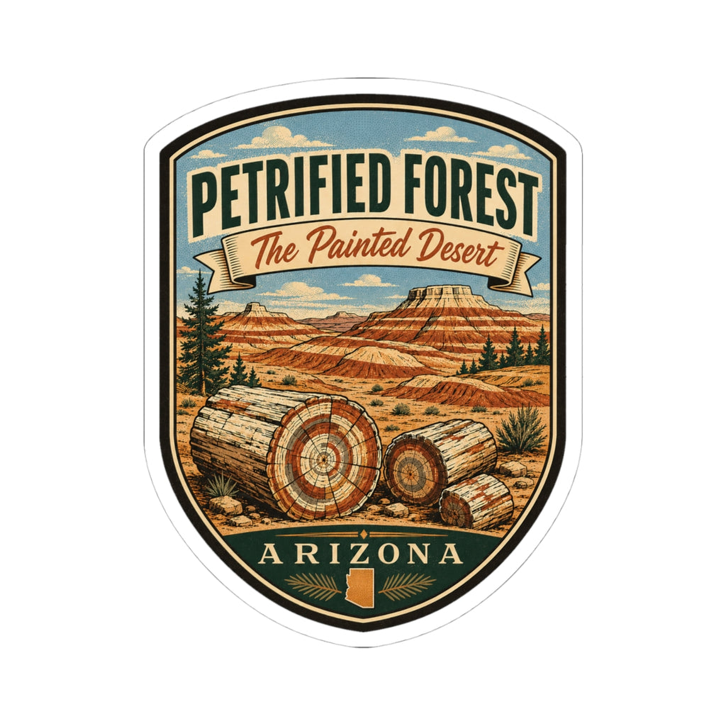 Petrified Forest travel sticker showing shield artwork with desert landscape, logs, and Arizona