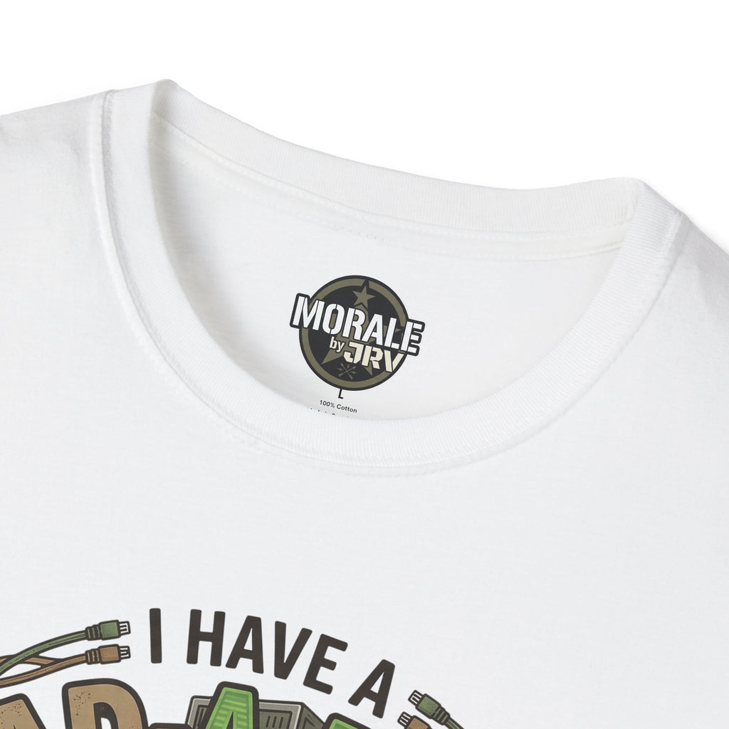 White T-shirt neckline with small “Morale by DRY” label at collar