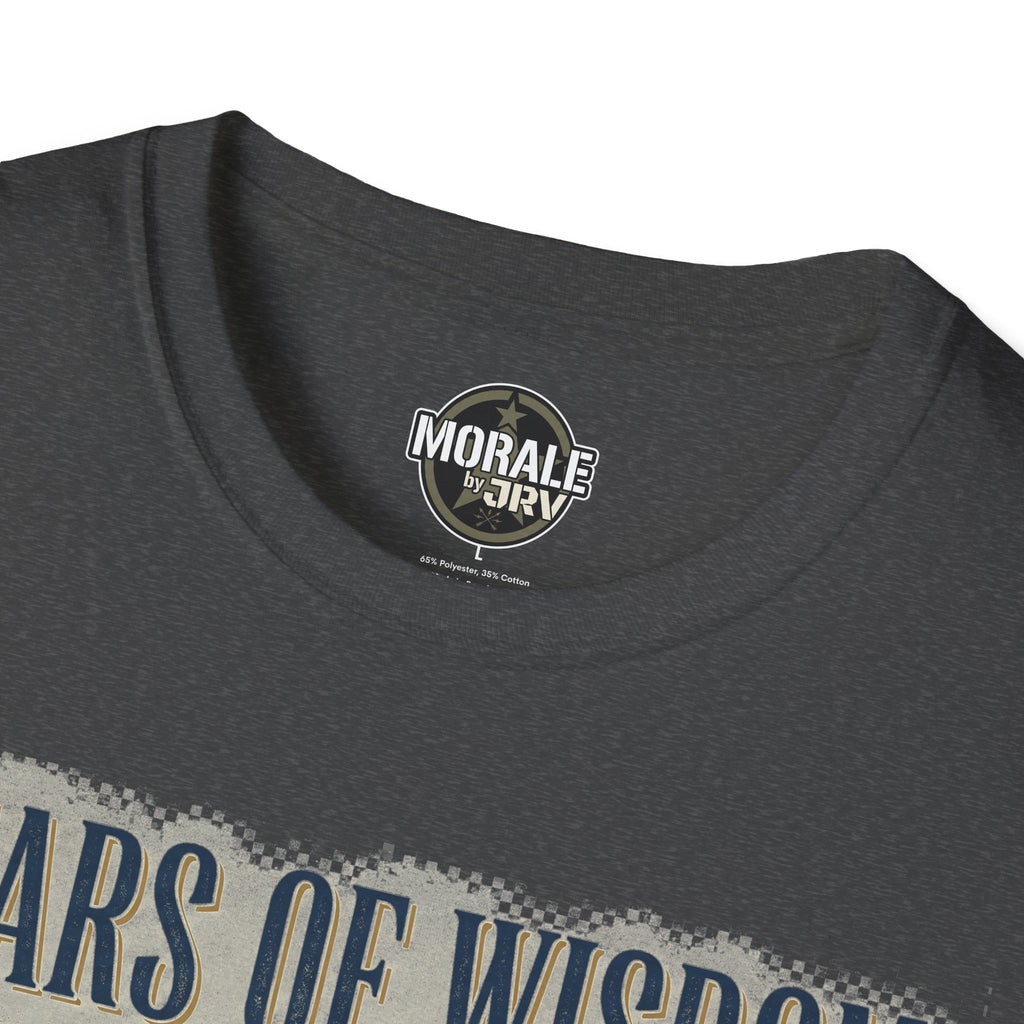 Dark heather T-shirt neckline with circular logo patch